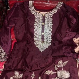 Maroon Embroidered 3 Piece Dress
